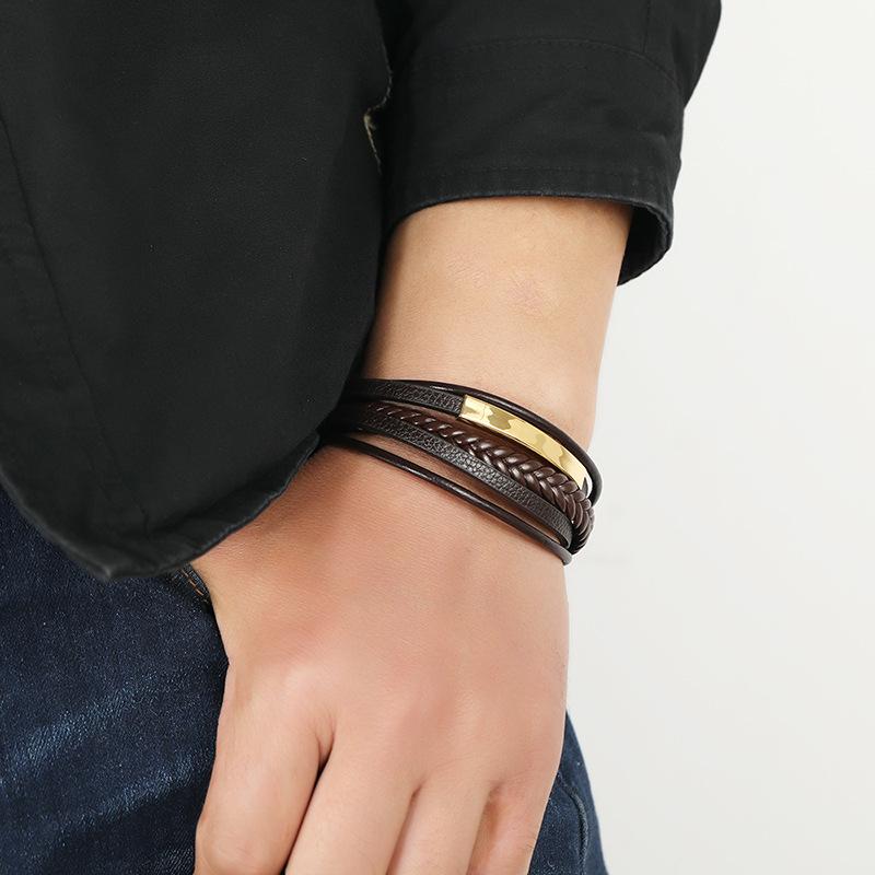 Simple and versatile creative men's leather bracelet - student jewelry stainless steel leather bangle