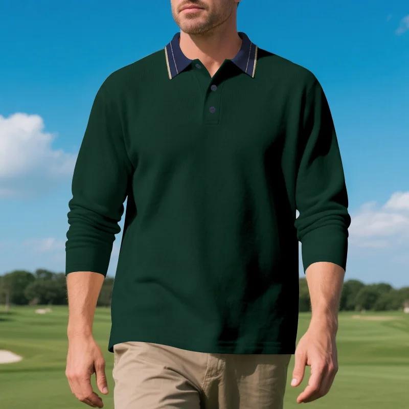

Поло с длинным рукавом Four Seasons, мужские, деловой кэжуал, дышащие, свободные, пэчворк, отложной воротник, спортивные поло для мужчин XL темно-зеленого