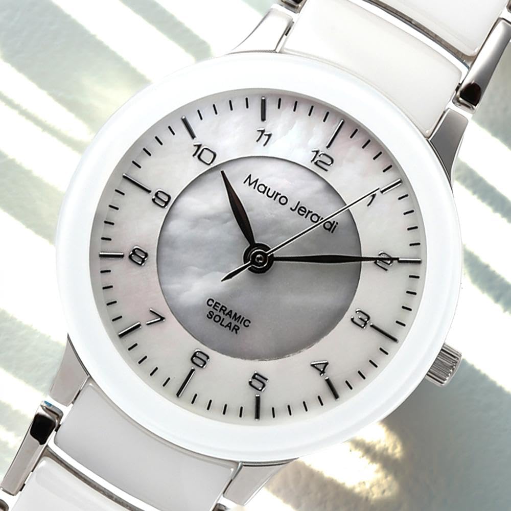 Ceramica 3 ATM impermeabile [Mauro Gerardi] Orologio da donna a energia solare, resistente, MJ044-3 (Bianco/Bianco Ceramica/Argento)