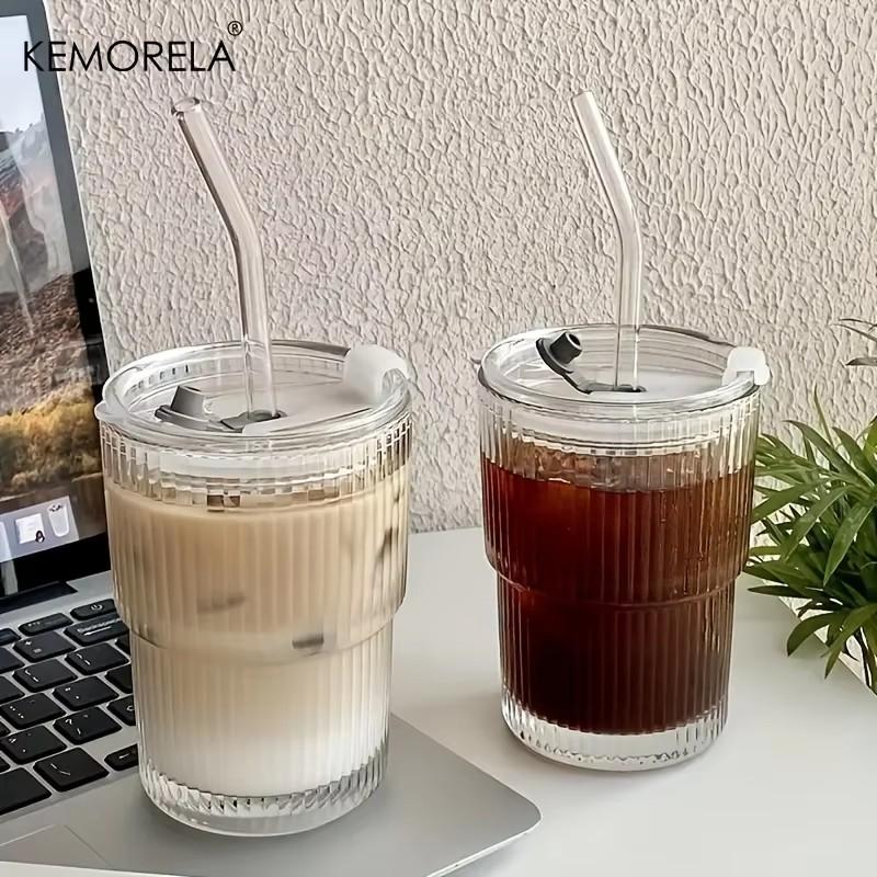 1/2PCS 450ml Stripe Pattern Transparent Glass Cup with Lid And Straw for Ice Coffee Tea Juice Milk Water Drinking