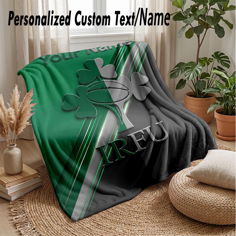 Ireland Rugby Custom Flannel Throw Blanket Print Your Name Text Soft Warm Blanket Holiday Present