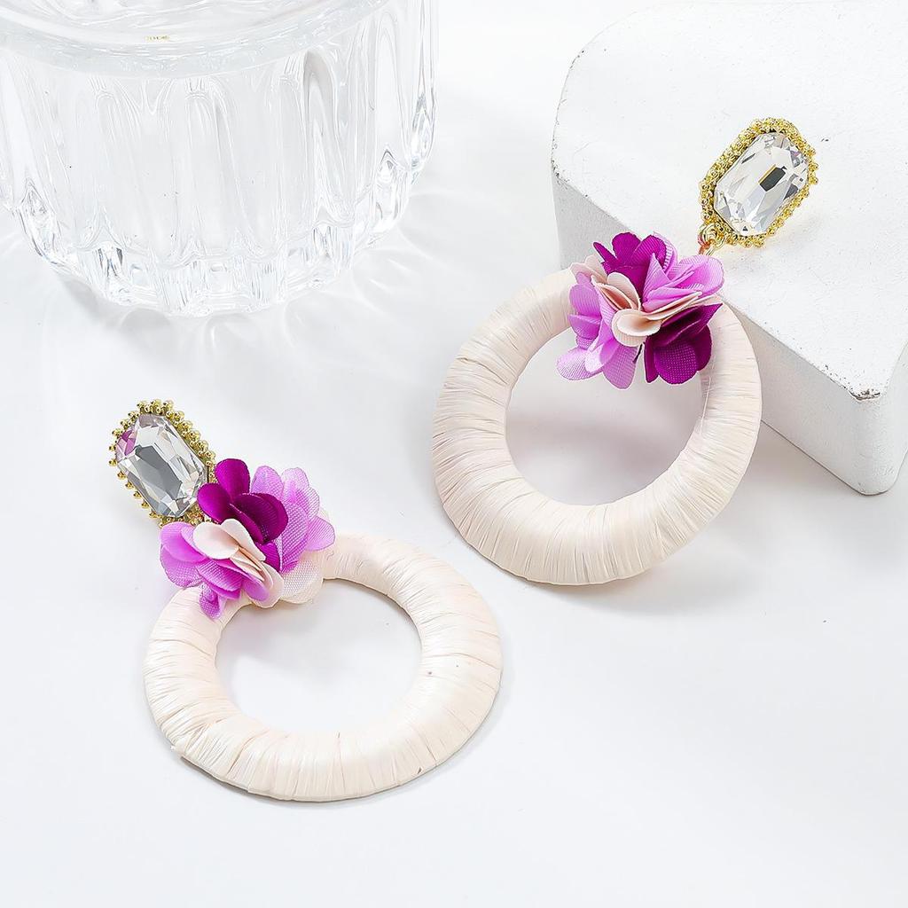 Elegant Spring Flower Raffia Earrings, European & American Style