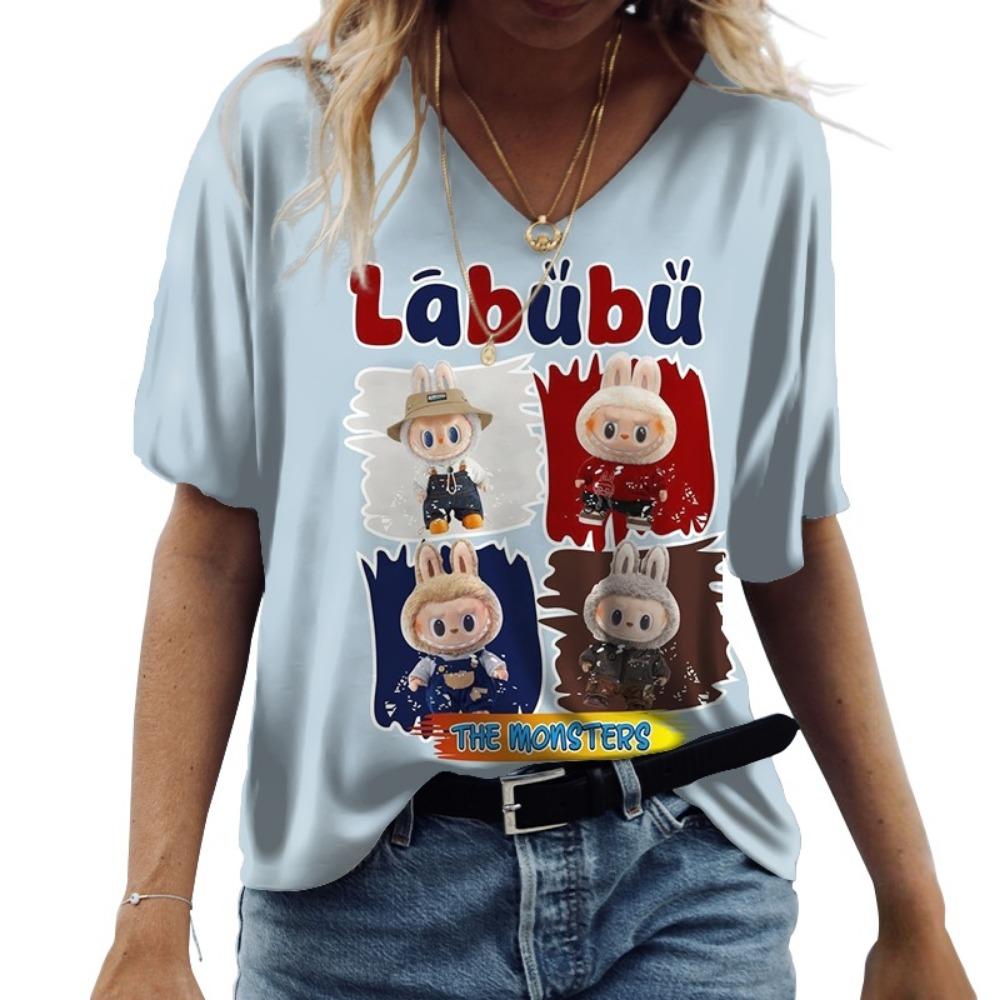 

Бавовняна футболка з коротким рукавом Labubu, Літо 2025, З рукавом до ліктя, У стилі інс, Універсальний вуличний одяг, Повсякденна жіноча футболка з коротким рукавом 5XL