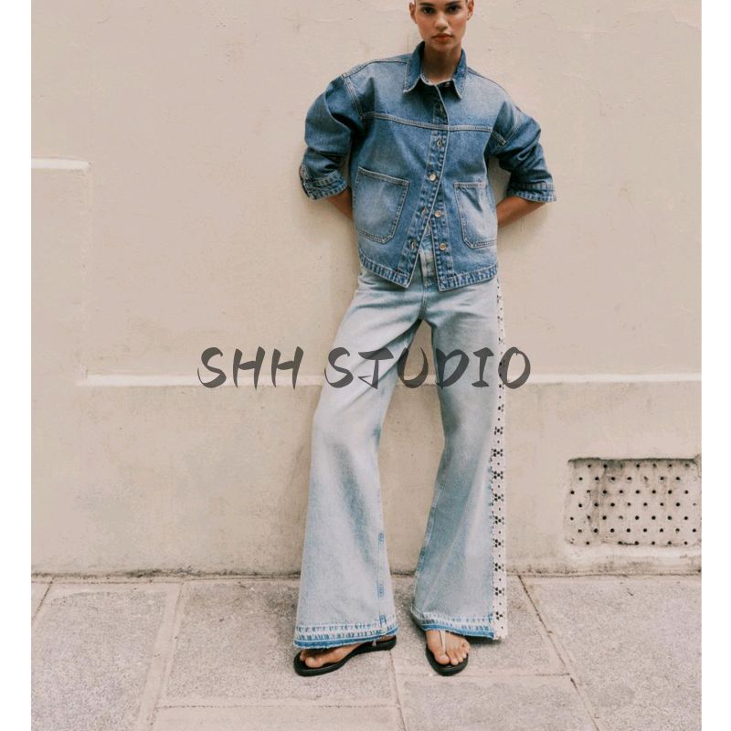 Autumn New Women's Clothing Minimalist Style Stripes with Decorative Crochet Patchwork High Waist Wide Leg Denim 1889153