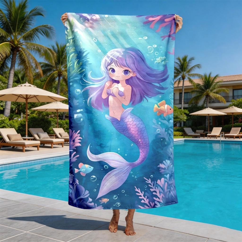 Mermaid Underwater World Theme polyester microfiber beach towel is highly absorbent, suitable for swimming and beach outings