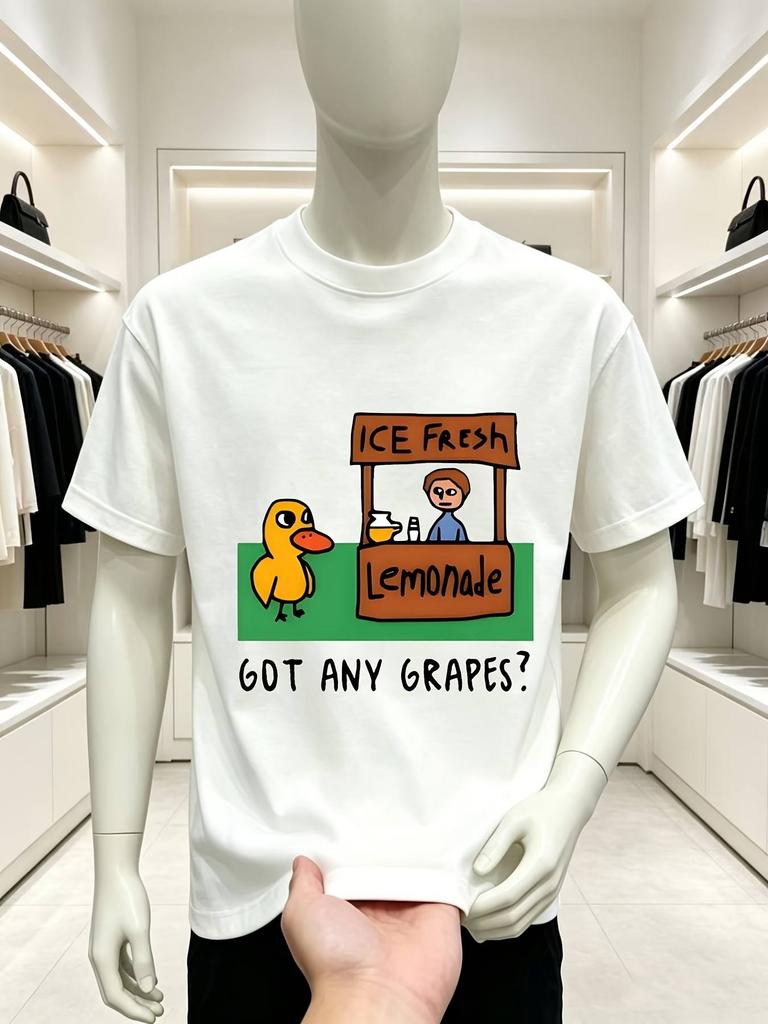Men's Summer Casual T Shirt with Humorous Duck Lemonade Cart Print ICE FRESH Lemonade GOT ANY GRAPE