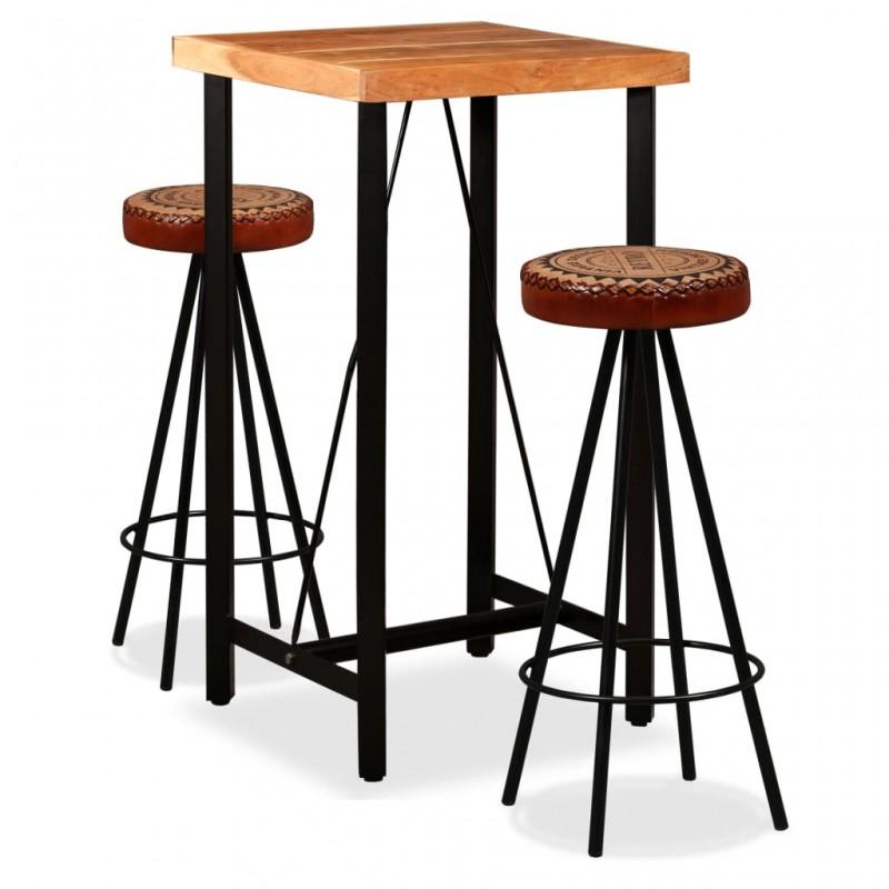 Day and Night - Day and Night Table and Bar Stools Solid Acacia Wood Real Leather and Canvas