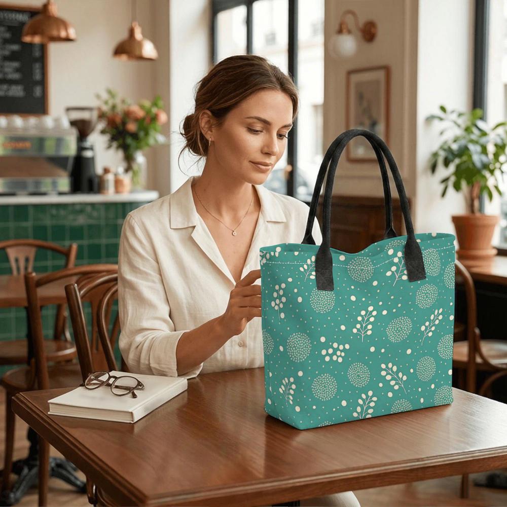  Turquoise Floral Tote Bag for Daily Shopping Casual Shoulder Handbag with Large Capacity for Ladies