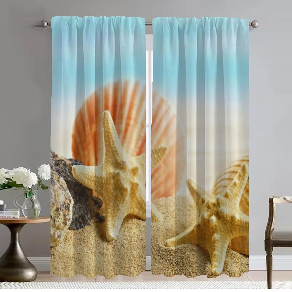 

Разделение Пляж Пейзаж Ракушки Морская звезда Противомоскитные шторы для гостиной Оконная штора для комнаты 2 Панельные жалюзи Кухня W50xH70cmx2pcs-CL