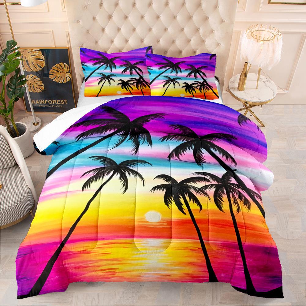 

3d Digital Print Sunset Coconut Palm Fat Quilt Microfiber Cotton Bedding Three-piece Set 90*190cm