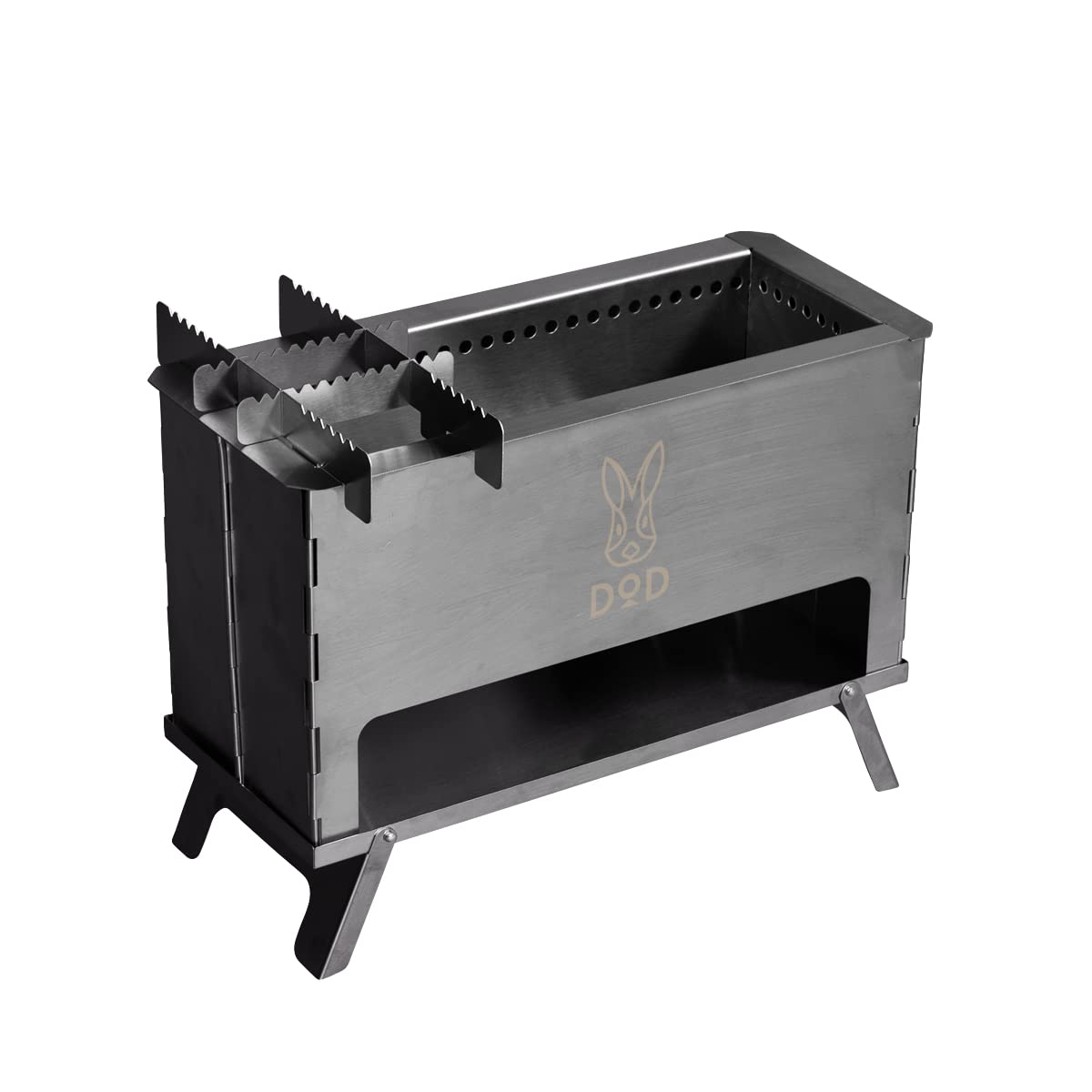 

DOD Peramoe Fire, a slim, compact, foldable fire pit perfect for touring. Model Q1-946-SL, Silver. Size: Approx. 32cm W x 14cm D x 23cm H.