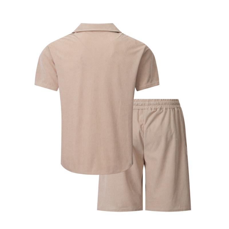 Men S Summer Thin Short Sleeve Cuban Collar Shirt And Shorts Casual Two Piece Set