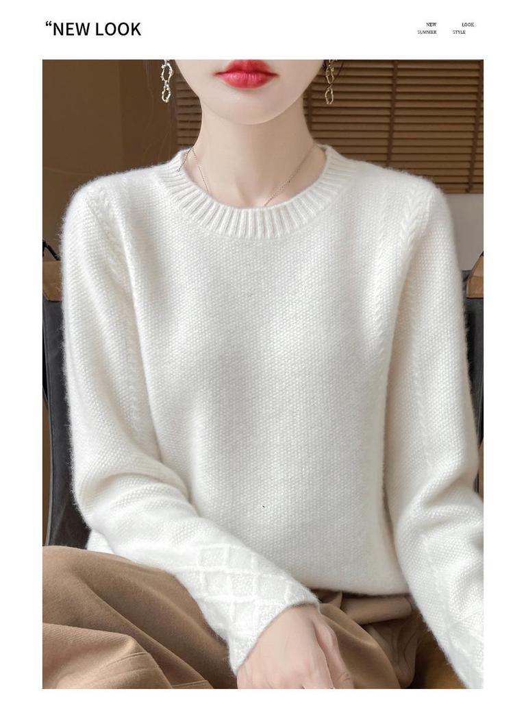Women's 100% Wool Thick Knitted Slim Sweater, Round Neck, Versatile Base Layer for Autumn/Winter Fashion.