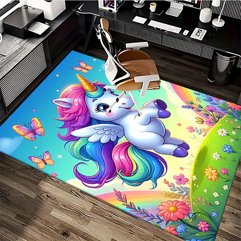 1pc Unicorn Rainbow Butterfly Chair Mat - Anime Cartoon Design, Non-Slip Carpet for Office and Home Decor, Suitable for All Seasons.H098