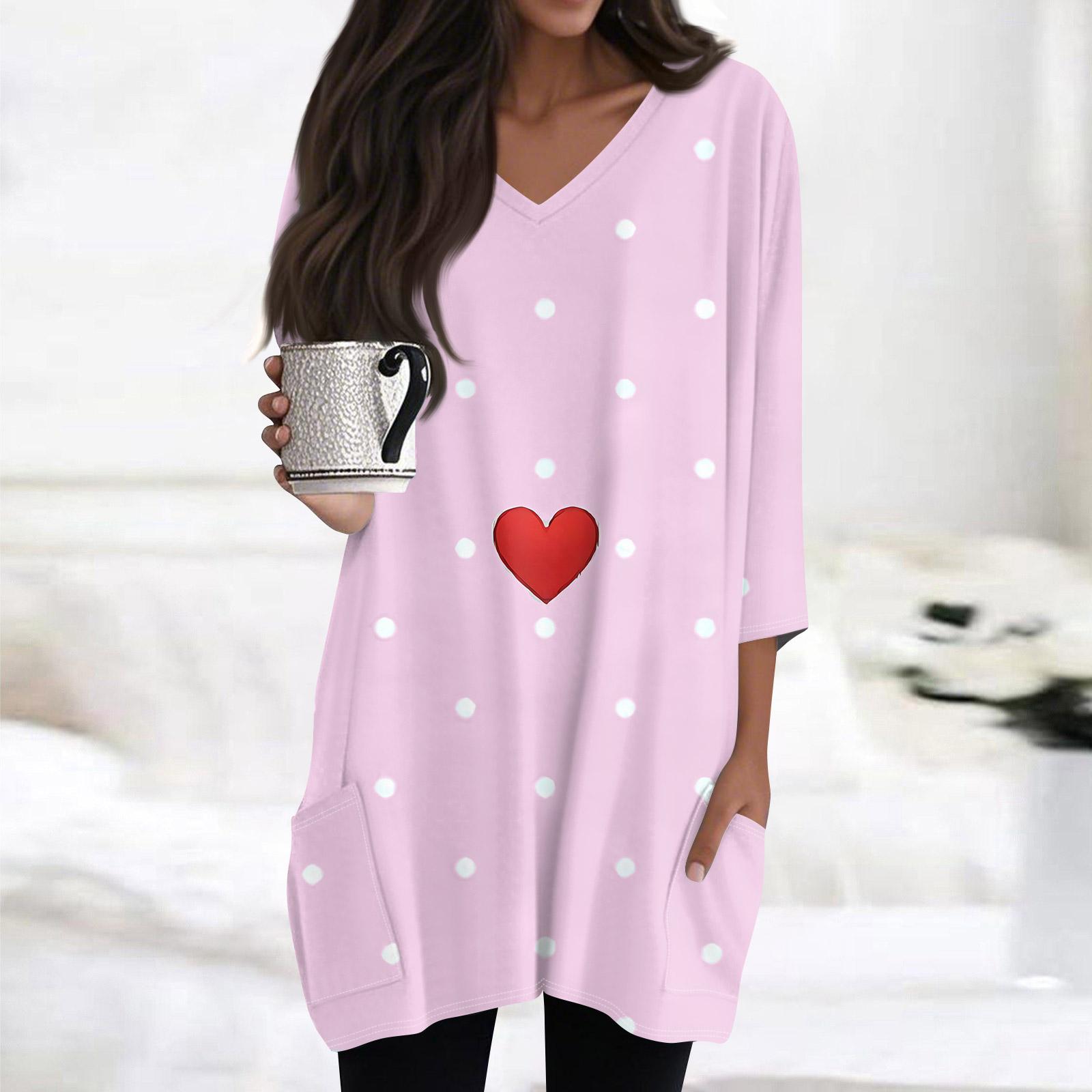 

Women s Fashionable V,neck Pocket Valentine s Day Print 3/4 Sleeve Top S розовый