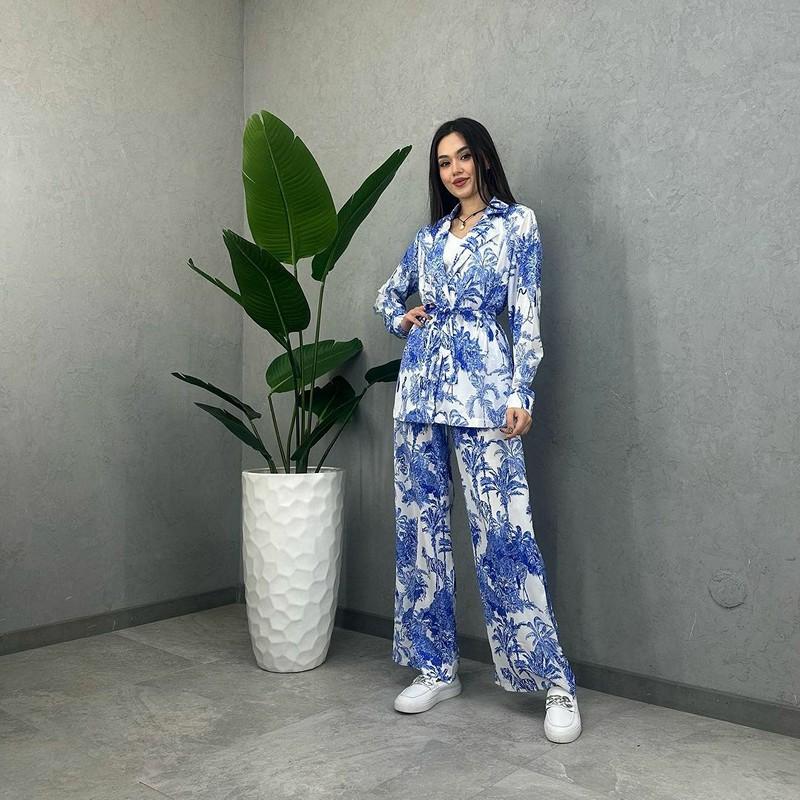 European and American Digital Printing Suit Women's Long Sleeve Loose Lace-up Spring and Summer Fashion Casual Two-Piece Suit Women's