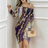Women Plus Size Asymmetric Cold Shoulder Long Sleeve Purple Gold Agate Print Irregular Wrap Bodycon Midi Dress