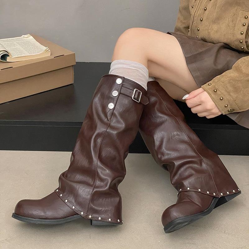 Retro stacking round head locomotive boots long boots autumn no boots new trousers long tube fashion women's rivets thick heel