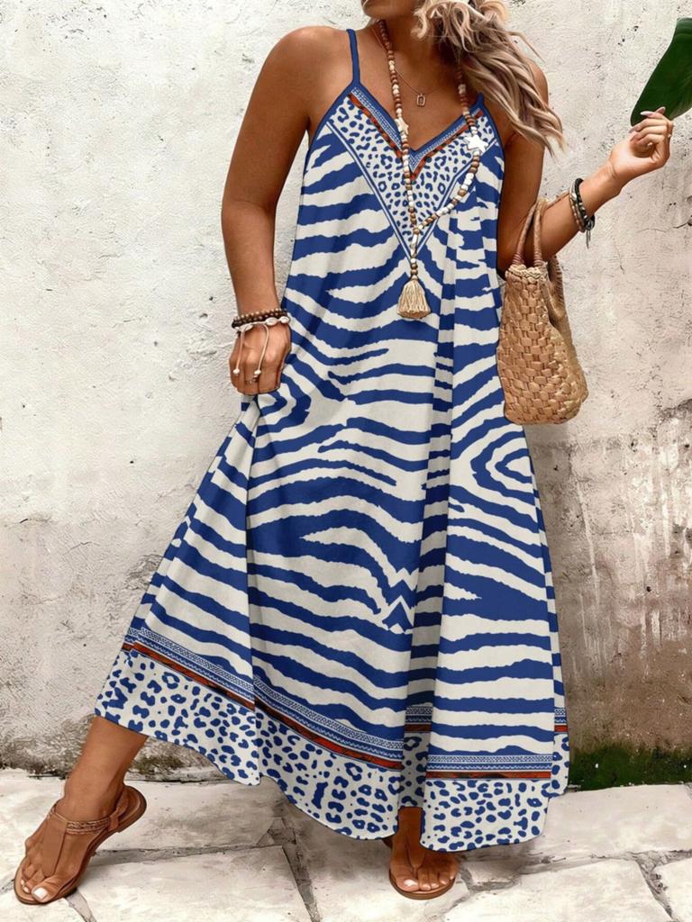 Summer New Style Printed Halter Dress for Women with V-neck, Loose Fit, Ethnic Style Long Dress, Suitable for Beachwear