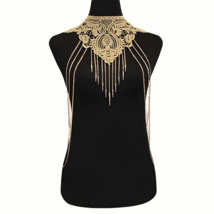 Hot-selling European and American jewelry, Gothic exaggerated necklace, lace false collar hollow fringed body chain for women