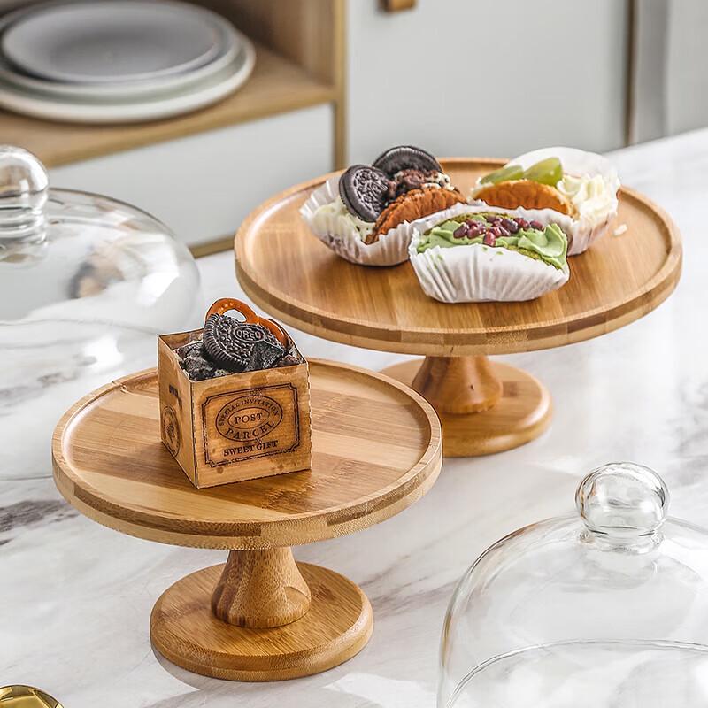 Chenxuan High-Foot Bamboo Cake Stand with Glass Dome