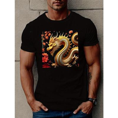 Europäische Größe Goldenes Drachenmotiv T-Shirt, T-Shirts für Herren, Lässiges Kurzarm-T-Shirt für den Sommer