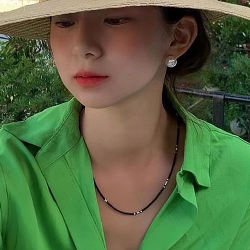 Náhrdelník z korálků z černého achátu ze sterlingového stříbra 925, korejský choker pro ženy