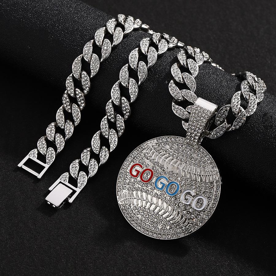 Hip Hop Full Diamond Alloy Round Drip Oil Letter GO Pendant Cuban Chain Fashion Trend Personalized Men's Jewelry