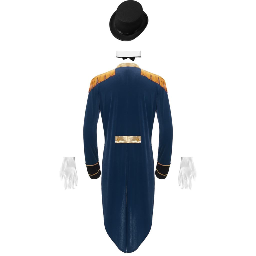 Mens Circus Ringmaster Costume Set Long Sleeve Lapel Fringed Shoulder Tailcoat Jacket Hat Collar Gloves Carnival Cosplay