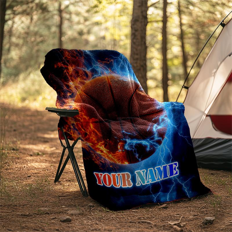 1PC Custom Name "Electric Basketball Flame" outdooor Flannel blankets Patterns Throw Blanket All-Season Soft Gift for Couch, Bed, Camping gifts