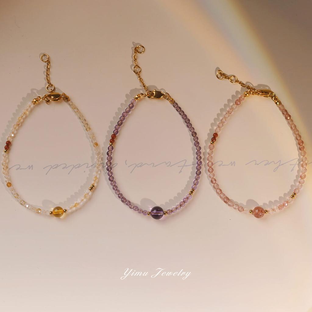 Small round natural citrine, strawberry quartz, amethyst, and aquamarine crystal bracelet for women, slim style