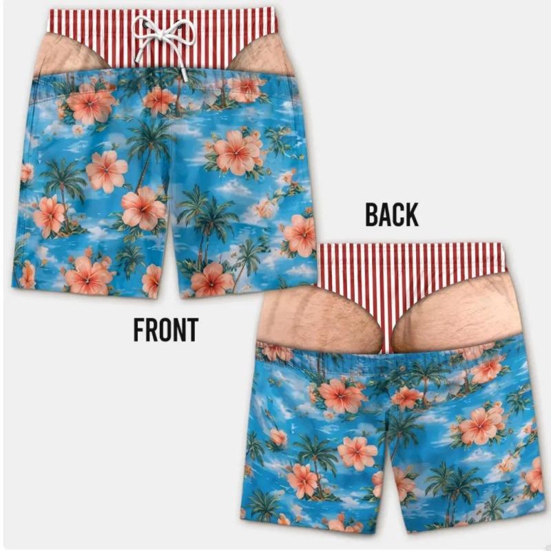 Funny Funny Fake Two Piece 3D Printed Men Beach Shorts Drawstring Loose Casual Short Pants Summer Hawaiian Holiday Swim Trunks