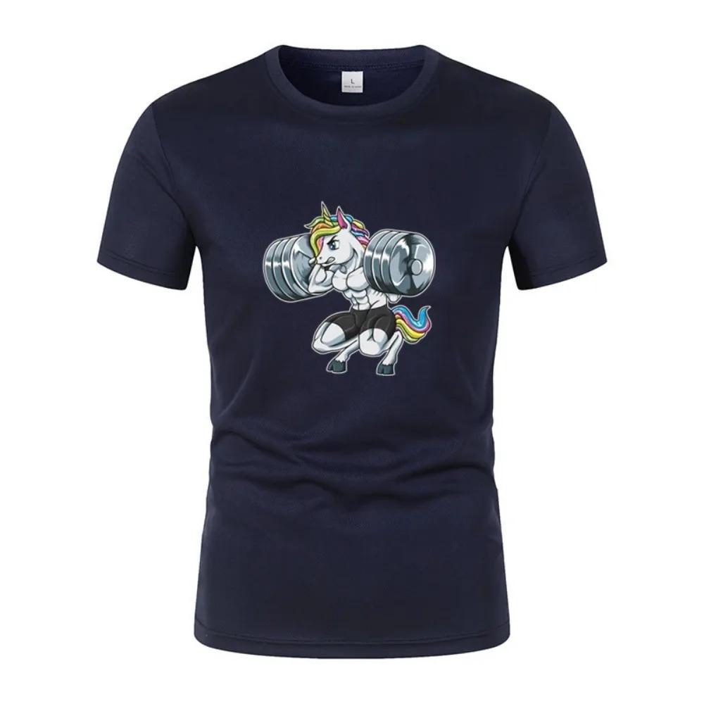 Fun Gym Unicorn Weightlifting Fitness Bodybuilding Printed Round Neck T-Shirt Summer Breathable Quick-Dryingcasual Short Sleeves