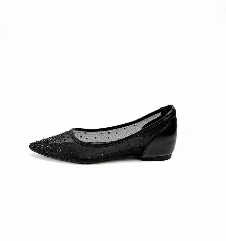Mesh Pointed Inner Height Increase Shallow Mouth Single Shoes 2025 Summer New Versatile Rhinestone Breathable Sandals Flat Shoes