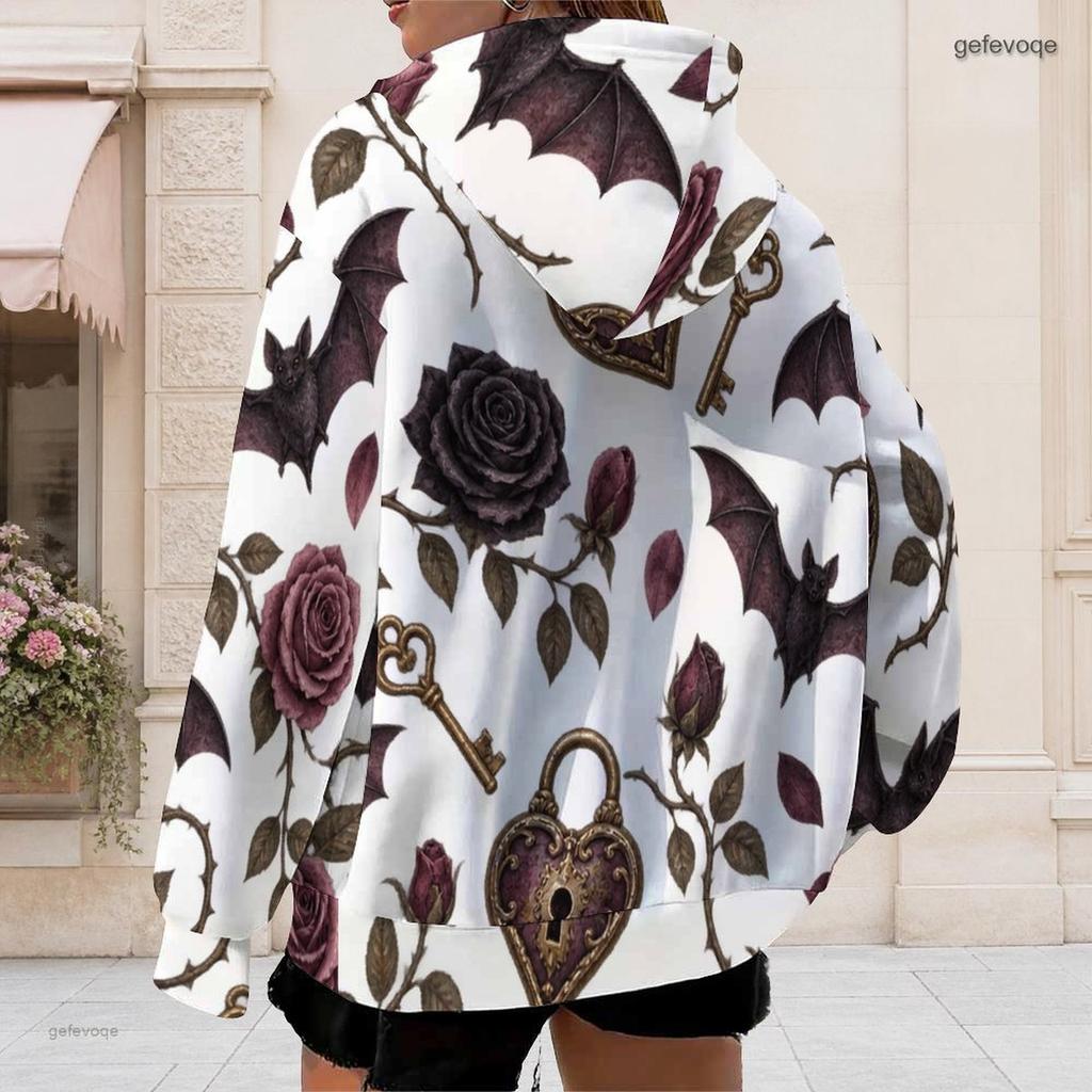 Women Plus Size Zip Up Long Sleeve Drawstring Hoodie White Dark Rose Bat Key Lock Printed Sweatshirt With Pockets