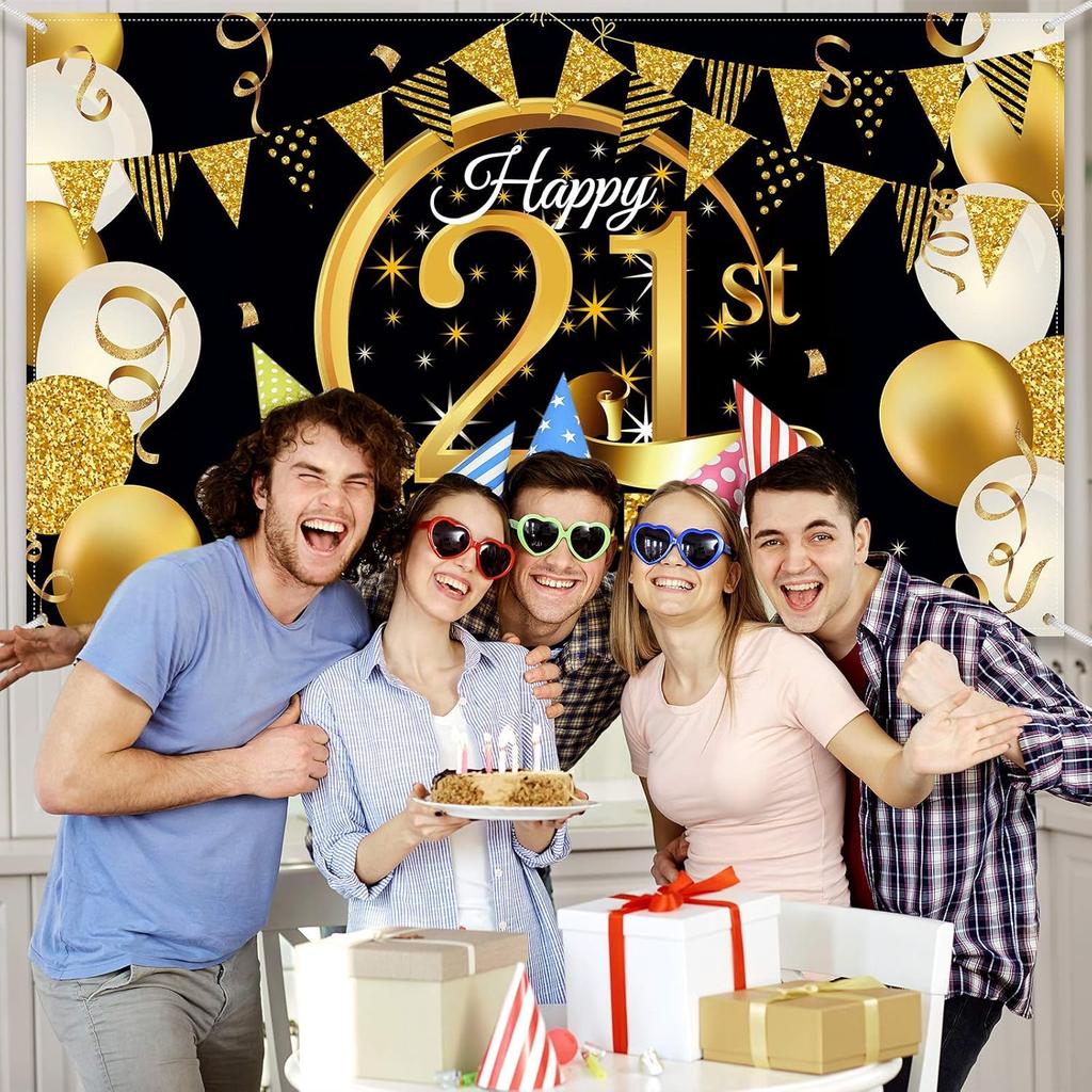 Birthday Party Decoration Extra Large Fabric Black Gold Sign Poster for Anniversary Photo Booth Backdrop Background Banner, Birthday Party Supplies,