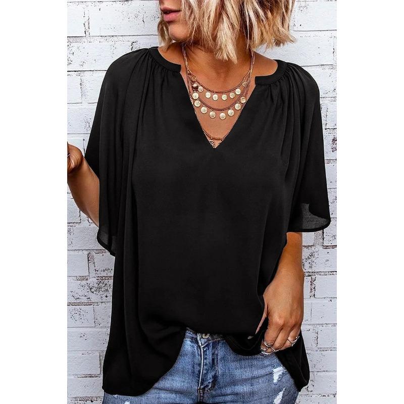 JPNTKY Women's Fashion Casual Solid Color Print Short Sleeve V Neck Blouses & Shirts