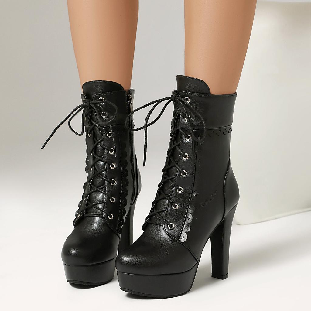 Black Super High Heels Thick Heel Round Head Waterproof Table Short Boots Women's Fashion Commuter Large Size 46 47