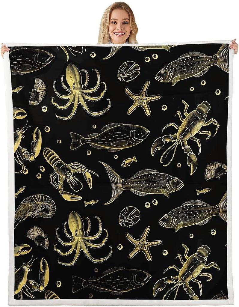 Red Lobster Pattern Blanket Soft Fleece Throw Seafood Theme Decor Fun Gift for Kitchen Living Room Bedroom