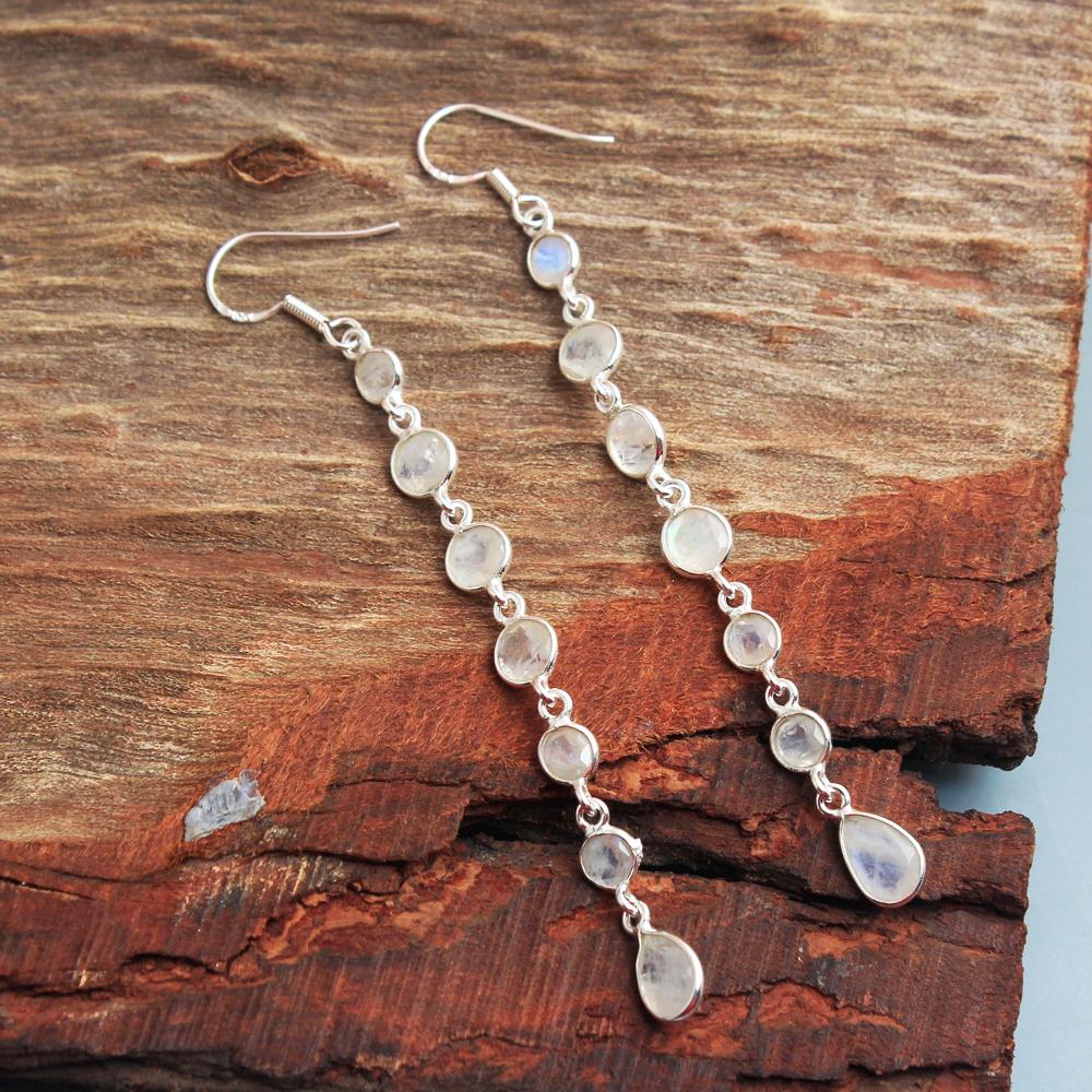 Moonstone Women Long Dangle Earring 100% 925 Sterling Silver Handmade Wedding Jewelry