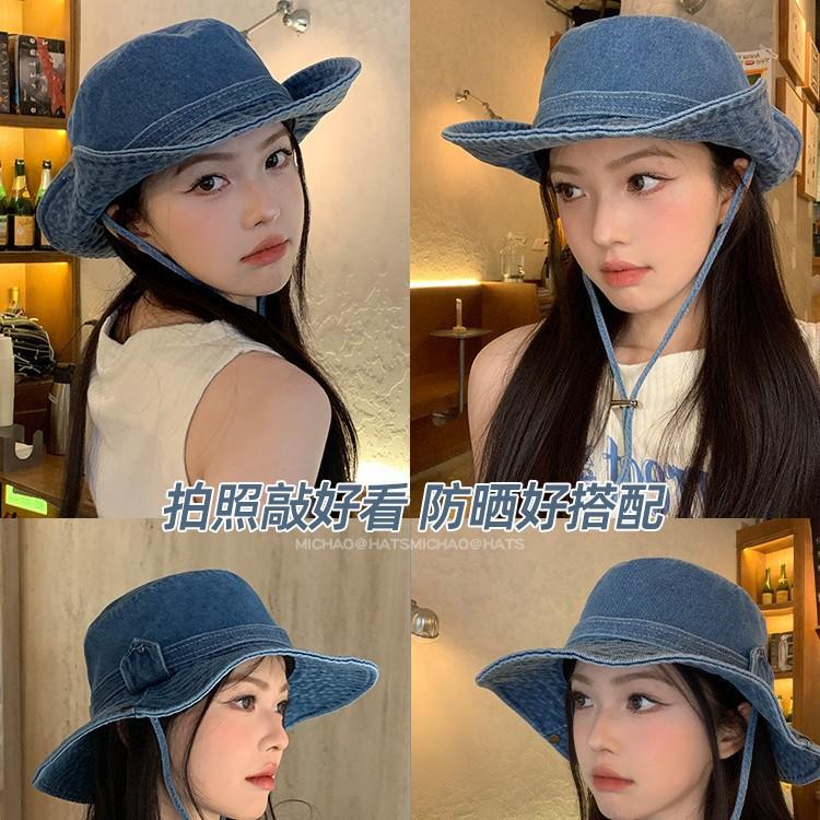 Denim Bucket Hat Women's New Retro Washed Mountaineering Hat Ins Show Face Small Sun Protection and UV Protection