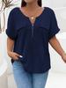 New solid color plus size women's blouse zipper short-sleeved fake pocket pullover T-shirt loose