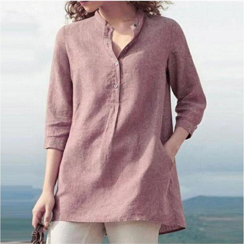 

Solid 3/4 Sleeve Stand and Collar Top2022 Summer Pure Color 3/4 Sleeve Stand Collar Tops style3 M