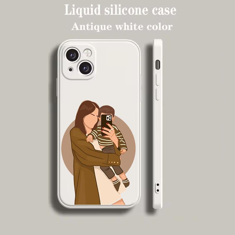Luxus Farb-Handyhülle Für iPhone 15 14 13 12 mini 11 Pro Max XS X XR SE 7 8 Plus Silikon Beige Hülle Baby Mädchen Mutter Familie