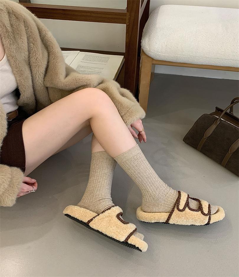 

Autumn and winter new suede thick-soled 3CM heightened hairy drag women s fashion wear muffin women s shoes warm cotton slippers 39 абрикосовый