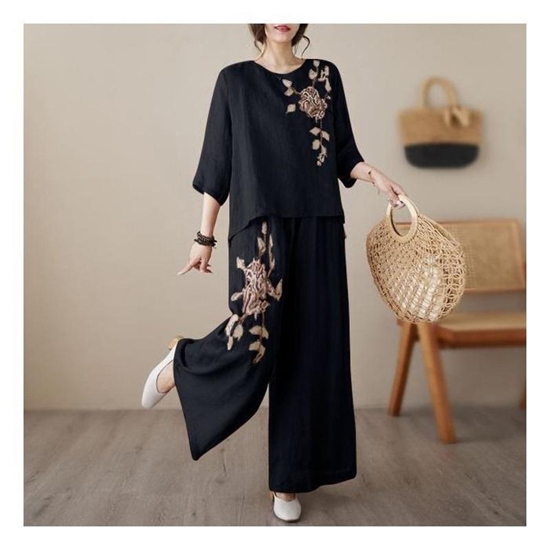 

New Casual Embroidered Two Piece Outfit Loose Fit Cotton Top And Wide Leg Pants 4XL чёрный