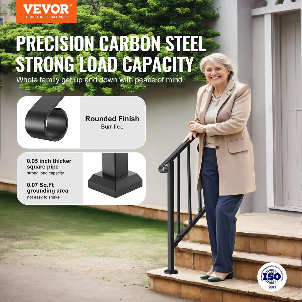 VEVOR Handrails for Outdoor Steps, 2-3 Step Stair Hand Rail Kit, Transitional Carbon Steel Railings with Installation Kit, Stair Rails for Seniors