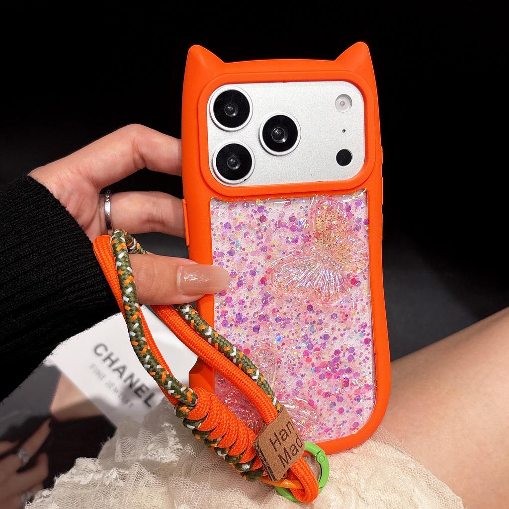 Cute Cat Ears Butterfly Transparent Lanyard Case for iPhone 17e 16 15 14 13 12 Pro Max 17 Air 11 Large Window Soft Edges Cover