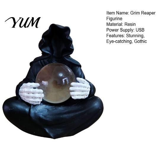 Gaming Room Decoration Faux Crystal Ball Grim Reaper Statue, Gothic Resin Black Robed Skull Statue Sculpture with Glowing Clear Ball, Mysterious