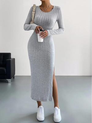 2023 Autumn/Winter Women's Long-Sleeve Round-Neck Slit Knit Dress